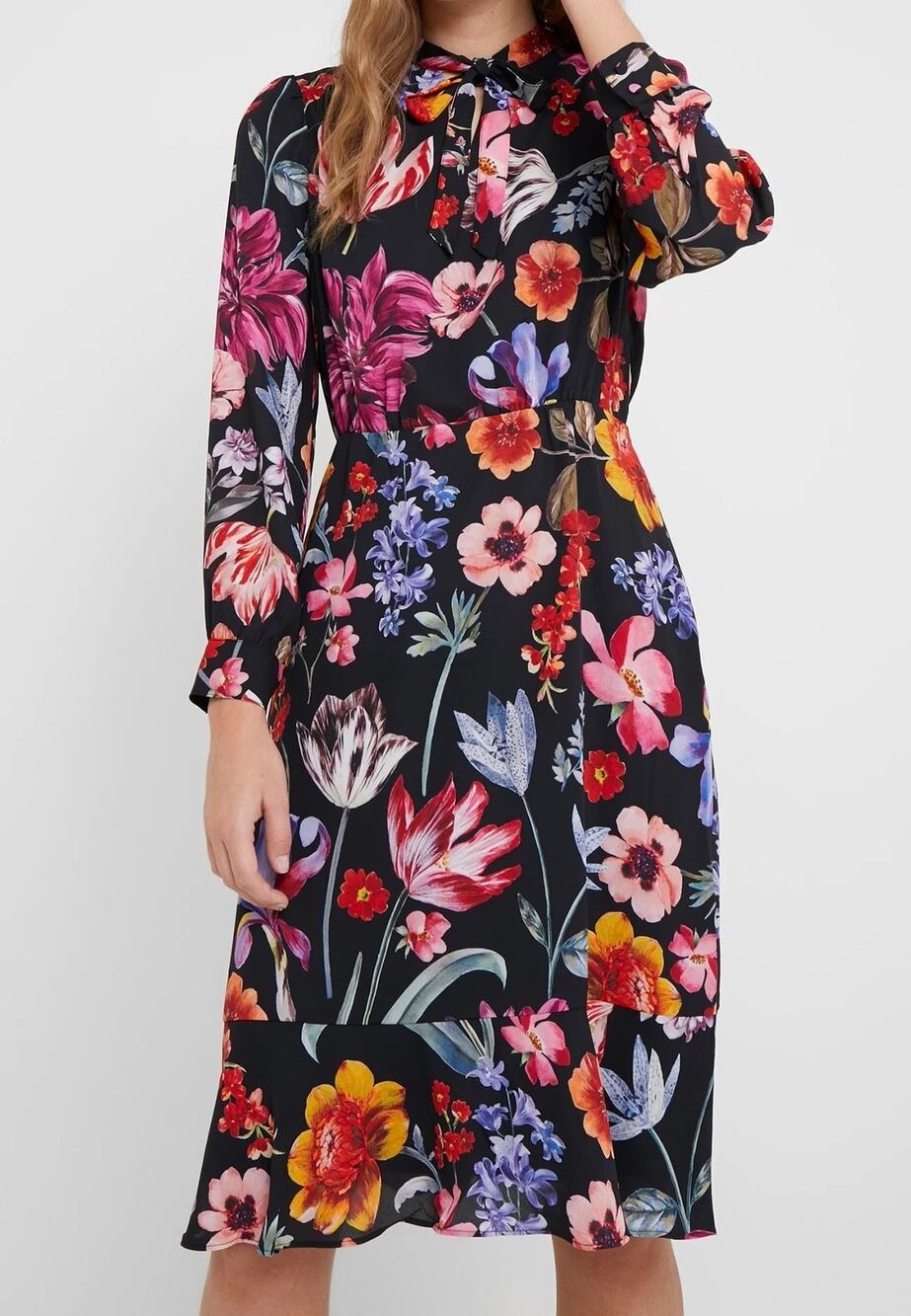 J.CREW Midnight Dutch Floral Midi Dress Tie Neck Long Sleeve Black Tall Size 4T